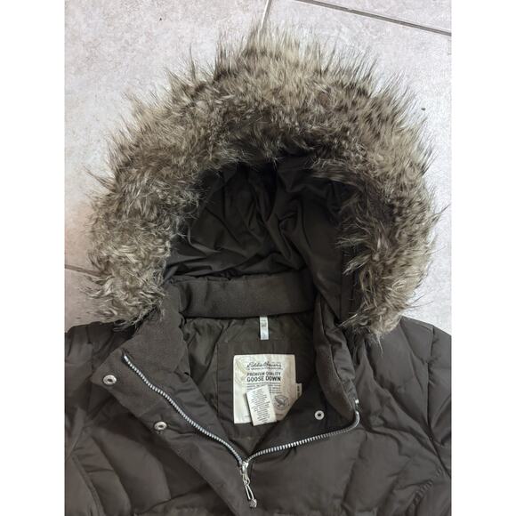 Eddie Bauer Goose Down Puffer Coat Womens XL Brown Hooded Parka Faux Fur Quilted - Picture 15 of 15